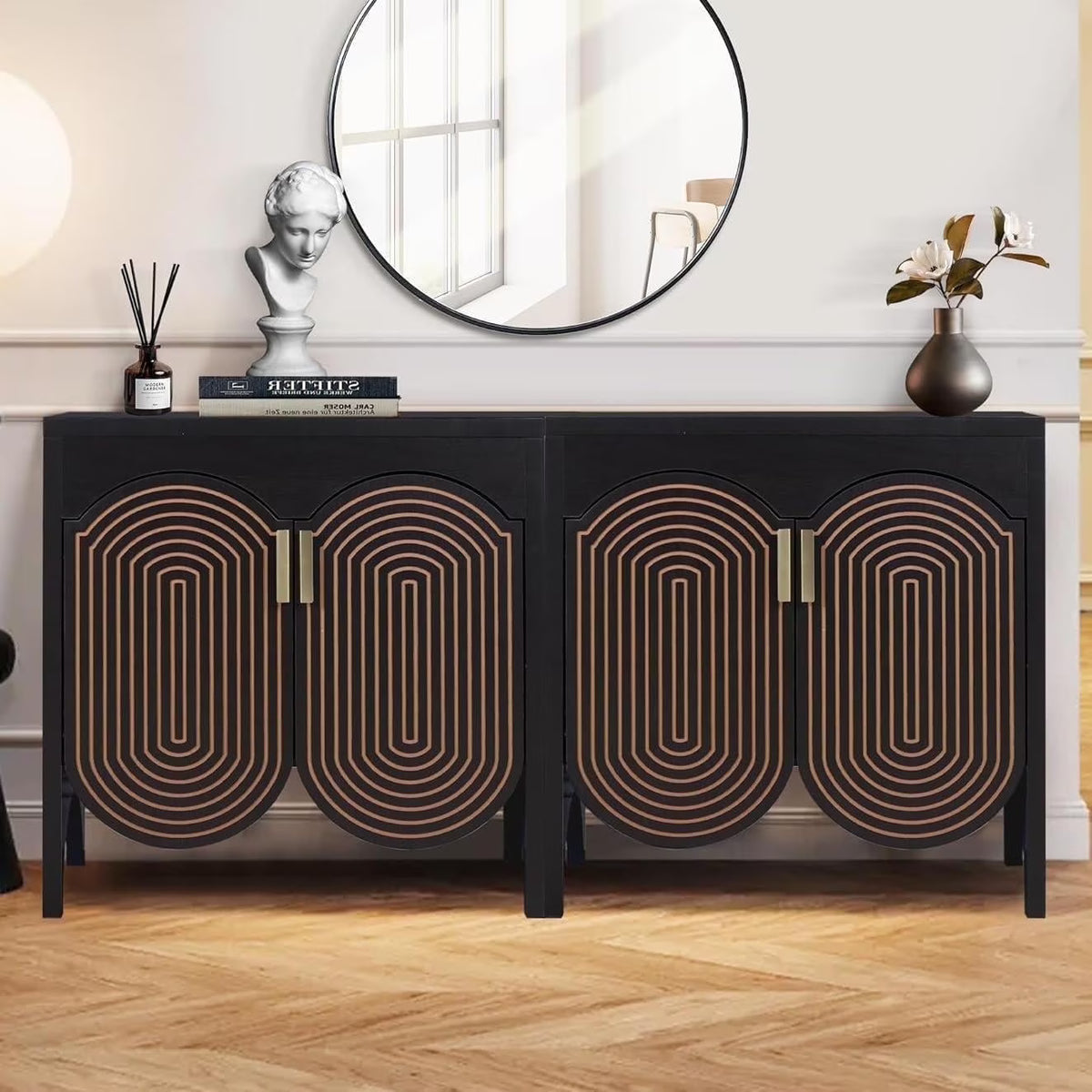 LEFHDA 2PCS Buffet Cabinet, Sideboard Cabinet with Storage, Accent Storage Cabinet with Carved Arc Door Design for Kitchen Dining Room, 2 Doors Buffet Cabinet with Adjustable Shelves