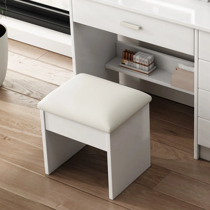 Montary Modern Mini Vanity w/Adjustable LED Mirror + Hidden Storage, Padded Stool & Dustproof Shelves (White)