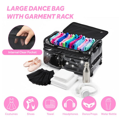 Dance Bag with Garment Rack,23"Glitter Rolling Dance Competition Bag with Organizer Bag, Collapsible Dance Travel Bag Suitcase for Dancers Performer Artist,Pink