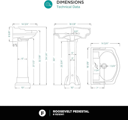 Fine Fixtures Roosevelt Pedestal Sink - 18 Inch Vitreous China Ceramic Pedestal Sink - Single Faucet Hole Sink in White
