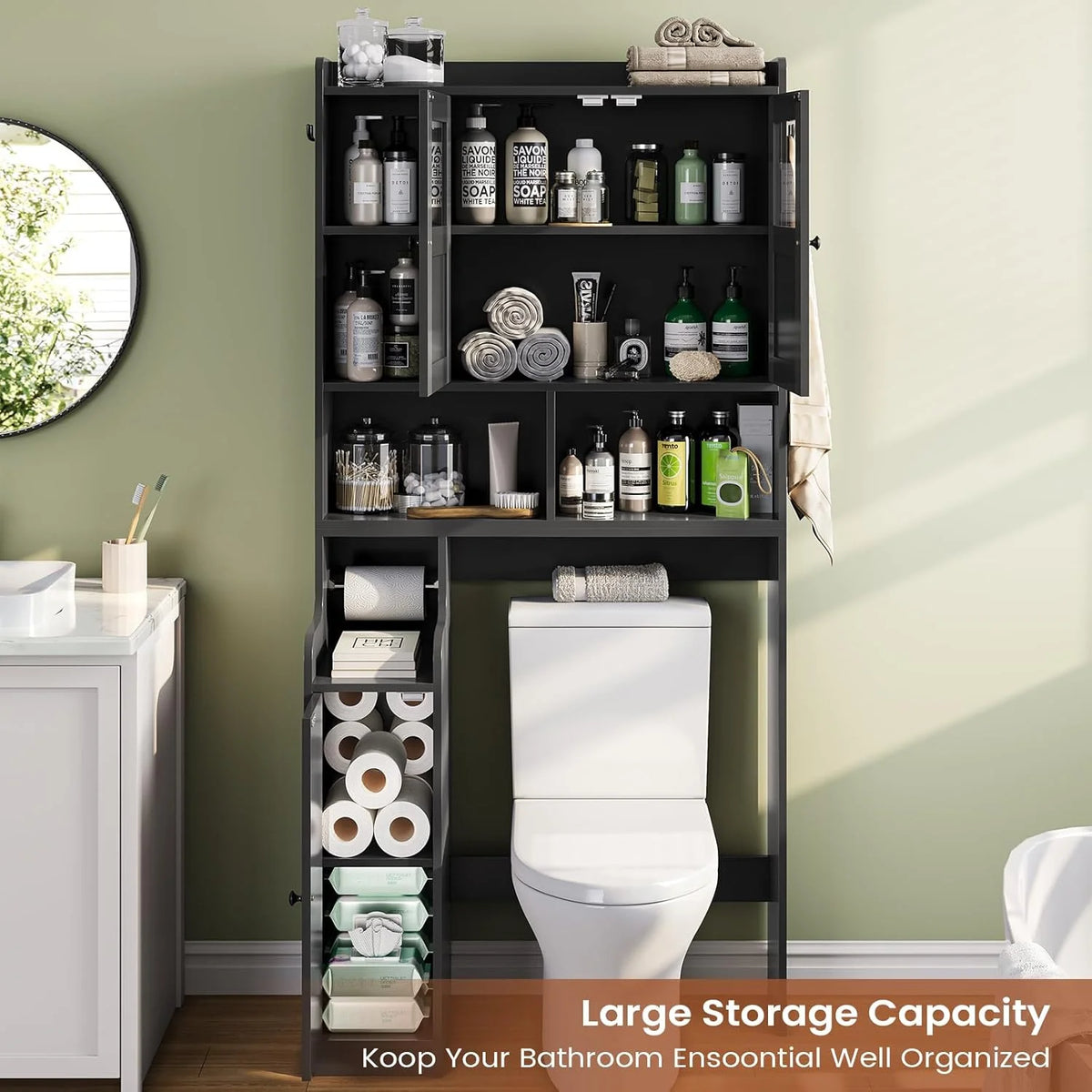Over The Toilet Storage Cabinet with 3 Doors, Farmhouse Space Saver for Bathroom Organizer with Paper Holder, 10 Shelves and Hooks, 7-Tier Over Washing Machine Cabinet for Laundry, Bathroom, Natural