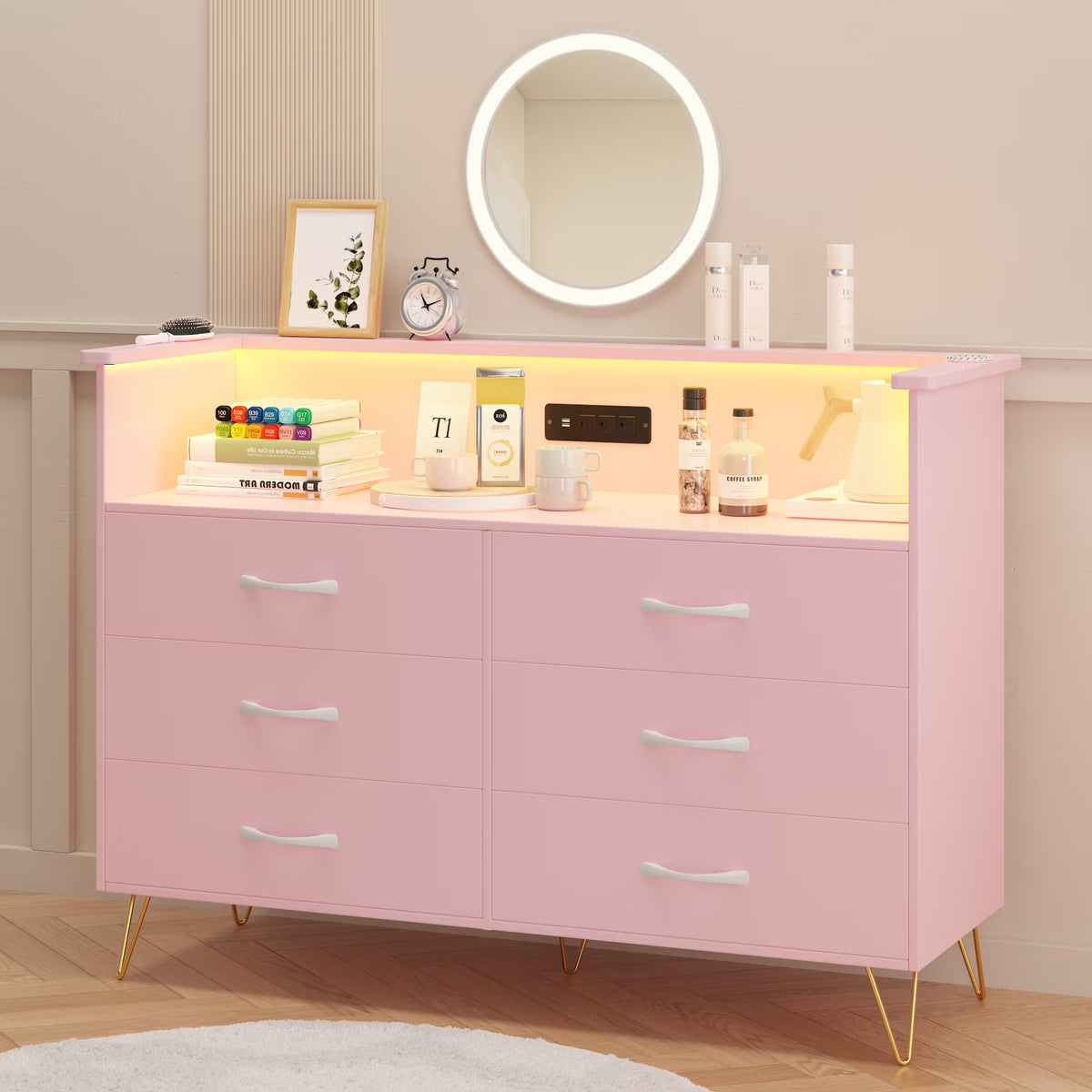 Homhougo Dresser for Bedroom 6 Drawer with LED Light & Charging Station, Wooden Dressers and Chests of Drawers with 2-Tier Open Shelves, Wide Dresser Organizer for Living Room Hallway Entryway, Pink