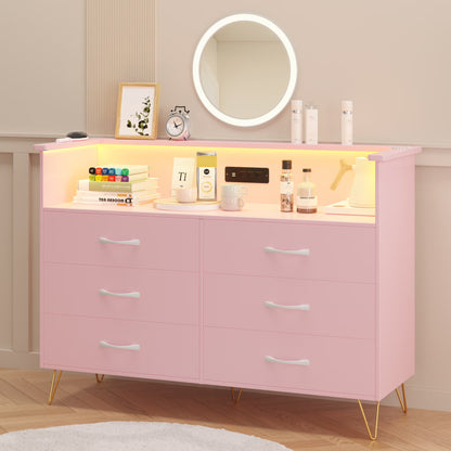 Homhougo Dresser for Bedroom 6 Drawer with LED Light & Charging Station, Wooden Dressers and Chests of Drawers with 2-Tier Open Shelves, Wide Dresser Organizer for Living Room Hallway Entryway, Pink