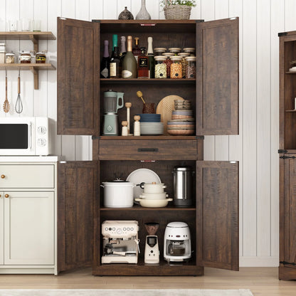 72" Tall Farmhouse Kitchen Pantry Cabinet w/1 Drawer & 4 Roomy Storage Shelves, Versatile Wood Storage Cabinet with 4 Barn Door & Adjustable Shelves &  for Dining Room Bathroom Utility Room