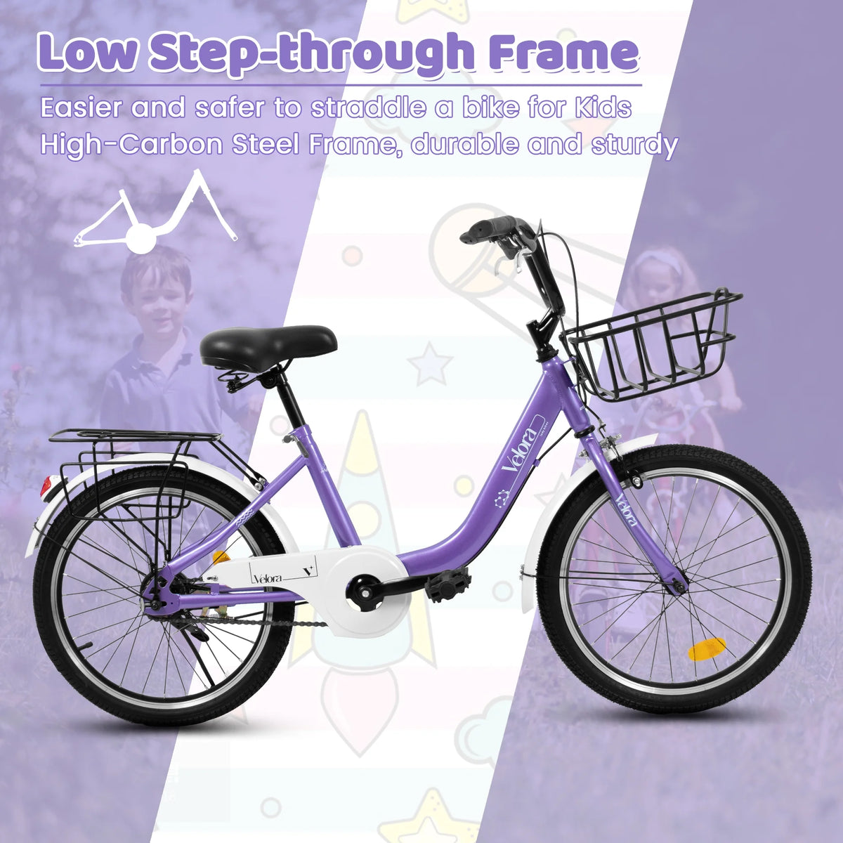 20 Inch Kids Bike for Boys Girls, 1 Speed Children Bicycle with Basket, Rear Seat, Chain Guard, Coaster Brake and V-Brake, Steel Frame Kids Bike for Ages 6-12 Years Old Birthday Gift, Purple