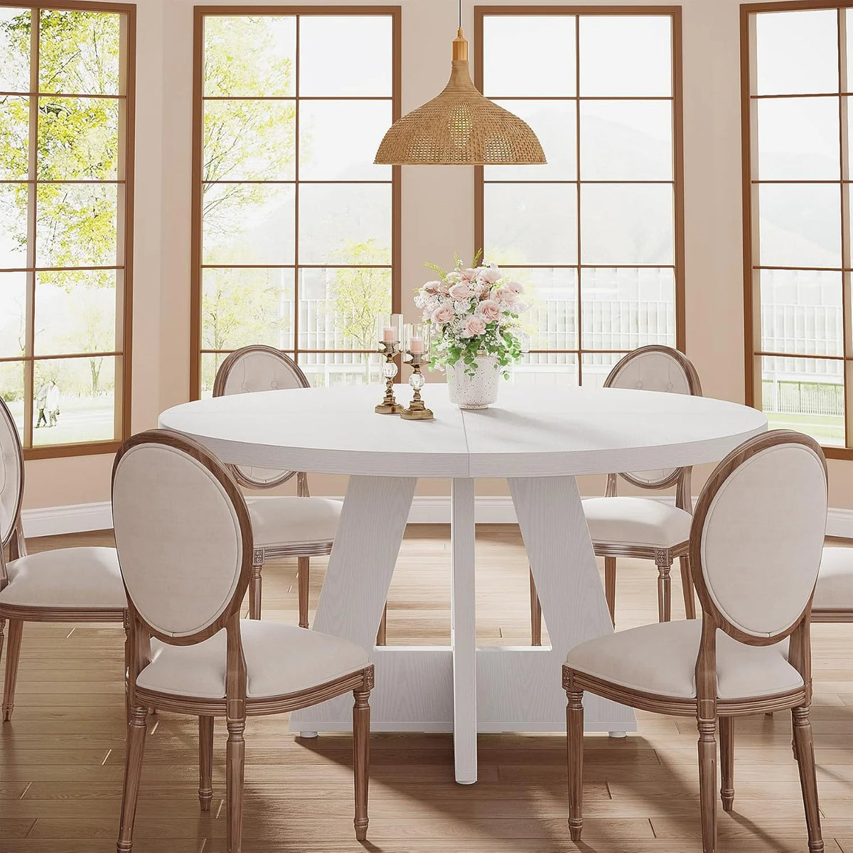 Tribesigns Round Dining Table for 4, Grey Kitchen Table 47 Inch Farmhouse Wood Kitchen Dinning Table for Kitchen Living Room