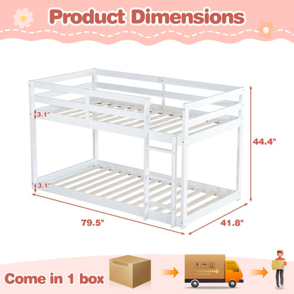 SESSLIFE Bunk Bed Twin Over Twin, Low Floor Bunk Bed with Guard Rails for Dorm, Small Space, No Box Spring Needed(White)