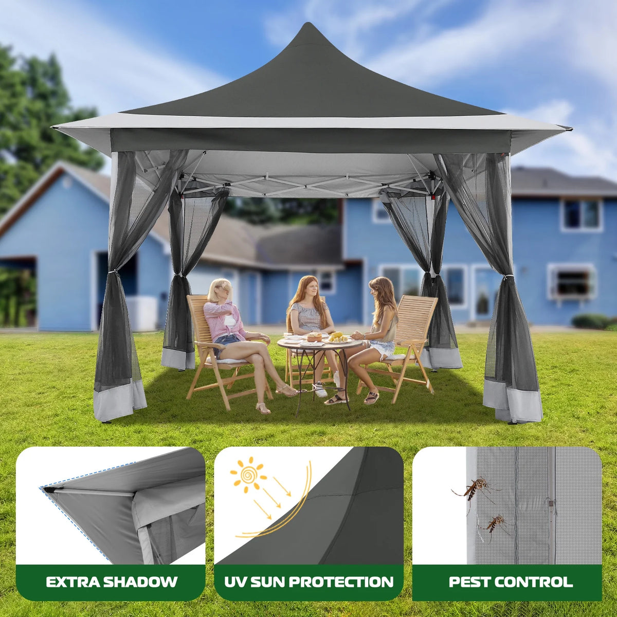 COBIZI 12x12 Outdoor Gazebo Pop Up Gazebo Canopy with Mosquito Netting Patio Tent Backyard Canopy with 2-Tiered Vented Top 3 Adjustable Height, Beige