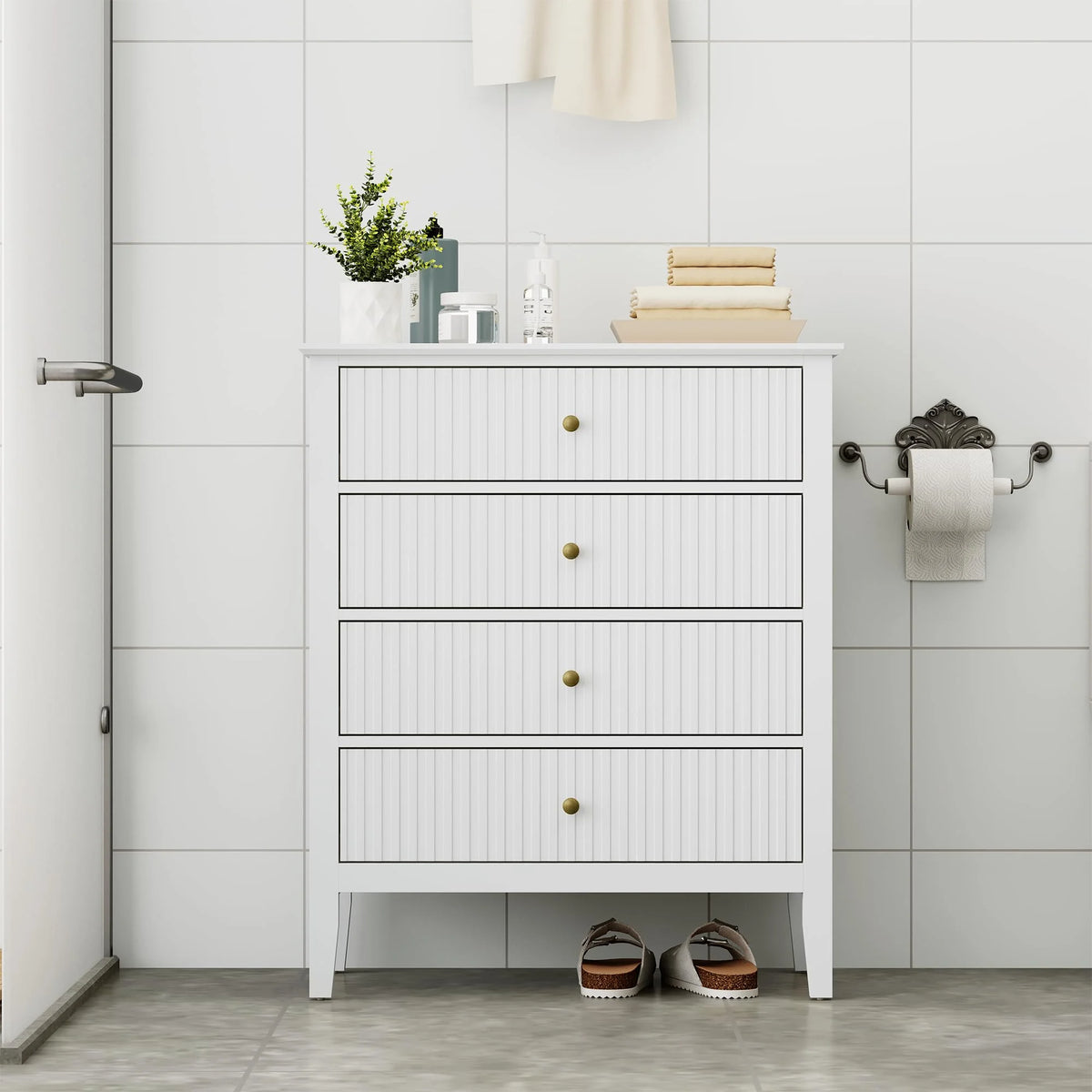 Heynemo Beige 6 Drawer Dresser, Fluted Modern Wood Chest