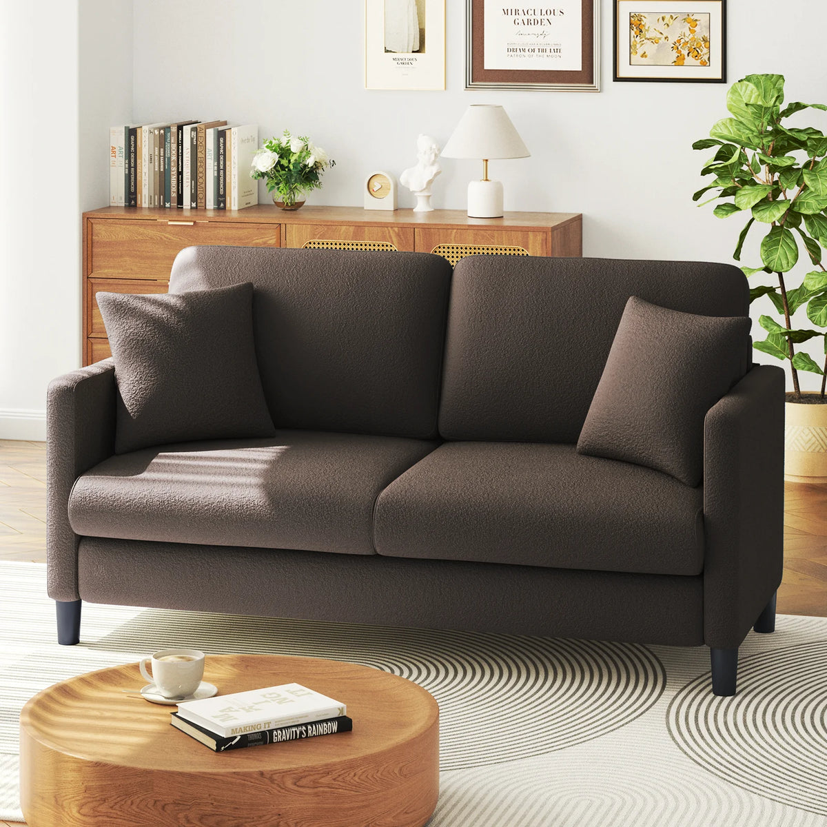 Loveseat Sofa,65" Comfy Teddy Fleece Love Seat Couch,Neche Extra Deep Seats Sofas,Tool-Free Setup Couch with 2 Pillows for Living Room,Coffee Brown