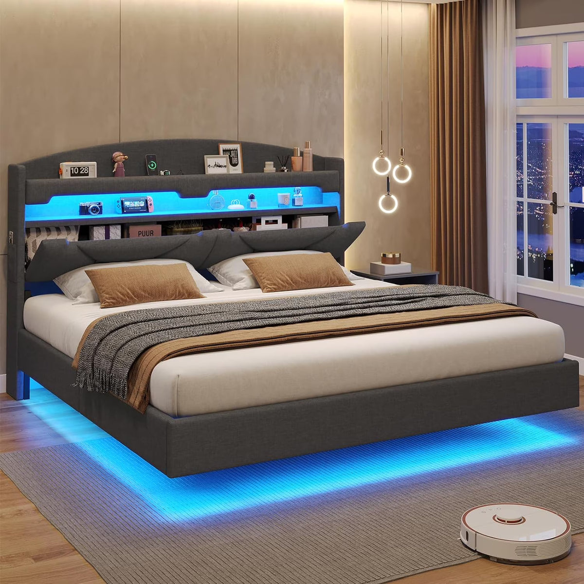 King Size Bed Frame with Storage Headboard and LED Lights,Upholstered Platform Bed with USB Port Charging,Headboard with Shelves Hidden Storage,Noise-Free,Dark Grey