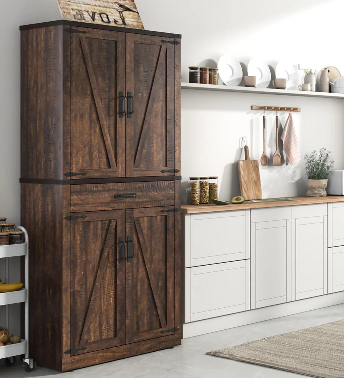 72" Tall Farmhouse Kitchen Pantry Cabinet w/1 Drawer & 4 Roomy Storage Shelves, Versatile Wood Storage Cabinet with 4 Barn Door & Adjustable Shelves &  for Dining Room Bathroom Utility Room