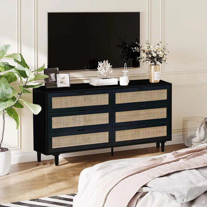 Wide 6 Drawer Rattan Dresser, Boho Dresser for Bedroom, Wooden Dresser Chest of Drawers, Natural