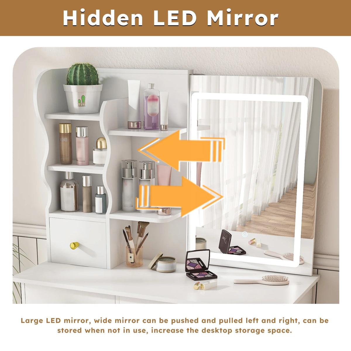 Montary Modern Mini Vanity w/Adjustable LED Mirror + Hidden Storage, Padded Stool & Dustproof Shelves (White)
