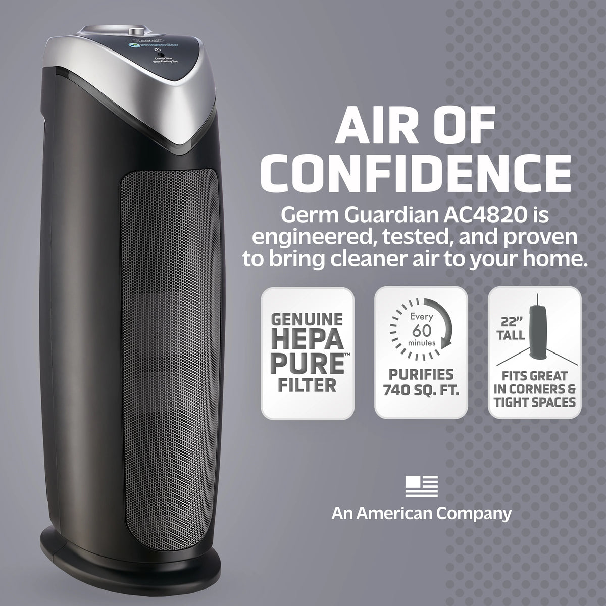 GermGuardian 743 Sq. ft. Tower Air Purifier with HEPA Pure Filter, Gray, AC4820