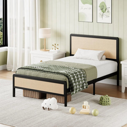 4 EVER WINNER Queen Size Bed Frame, Rattan Bed Frame with Natural Rattan Headboard and Footboard, No Box Spring Needed, Black