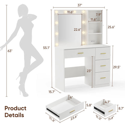 Makeup Vanity with Mirror and 3 Color Lights,Vanity Dressing Table with USB Charging Station,4 Drawers,Open Storage Shelves,White
