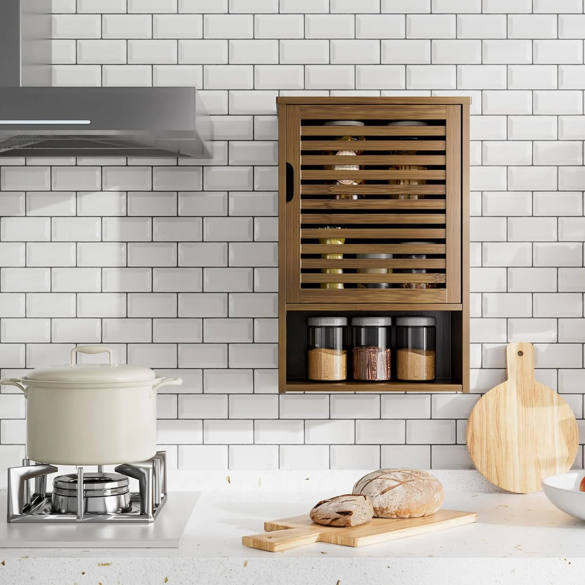 Bathroom Storage Cabinet Wall Mounted, Hanging Medicine Cabinet with Adjustable Shelf, Over The Toilet Space Saver Organizer, Black Bamboo Kitchen Cupboard, Single Door