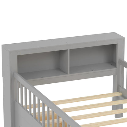 Euroco Wood Twin Size Platform Bed with Storage Headboard and Drawers, Low Profile Bed with Guardrails for Kids and Toddlers, White