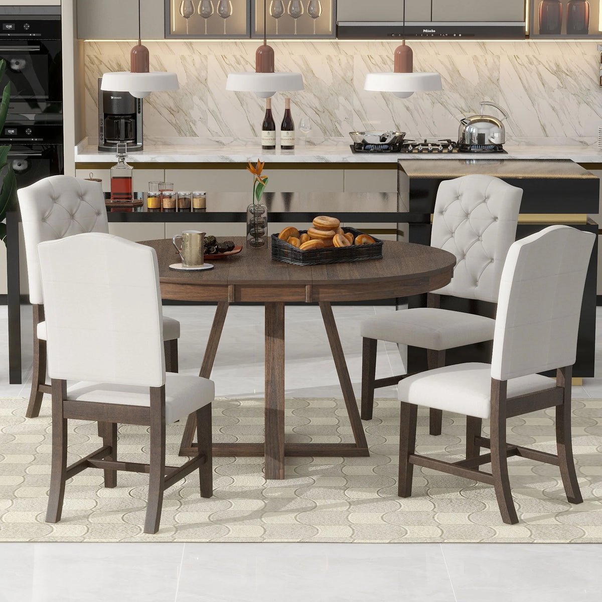 Harper & Bright Designs Round Extendable Dining Table Set for 4, 5 Piece Farmhouse Wood Dining Table Set with 4 Upholstered Dining Chairs, Natural Wood Wash