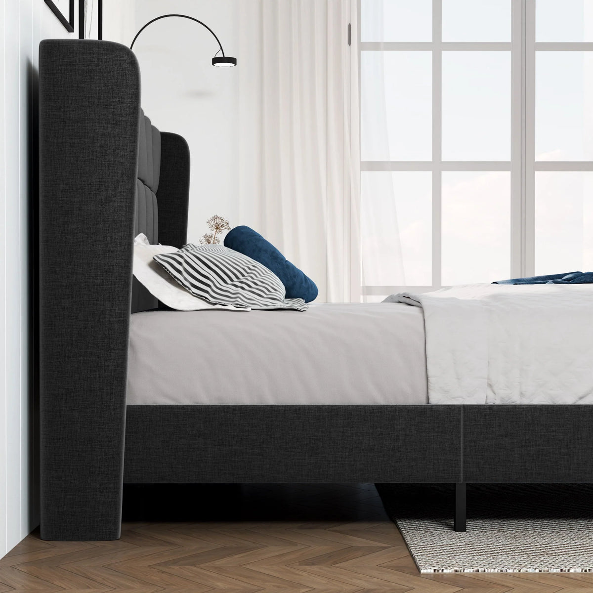 Amolife Queen Size Platform Bed with Wingback Headboard, Square Stitched Style, Dark Grey