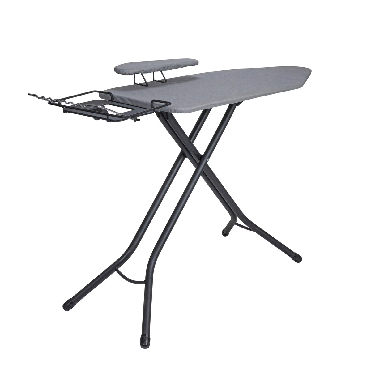 Household Essentials Wide Mega Ironing Board 4-Leg, Steel Top Pressing Station, Heat-Resistant Fiber Pad and Cotton Cover, Includes Sleeve Board and Iron Rest with Hanger Bar, Silver Frame