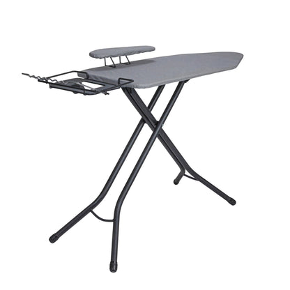 Household Essentials Wide Mega Ironing Board 4-Leg, Steel Top Pressing Station, Heat-Resistant Fiber Pad and Cotton Cover, Includes Sleeve Board and Iron Rest with Hanger Bar, Silver Frame