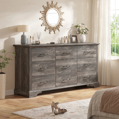 EnHomee Wood Dresser for Bedroom 9 Drawer Dressers&Chest of Drawers 63"L x 15.7"W x 31.5"H,Brown
