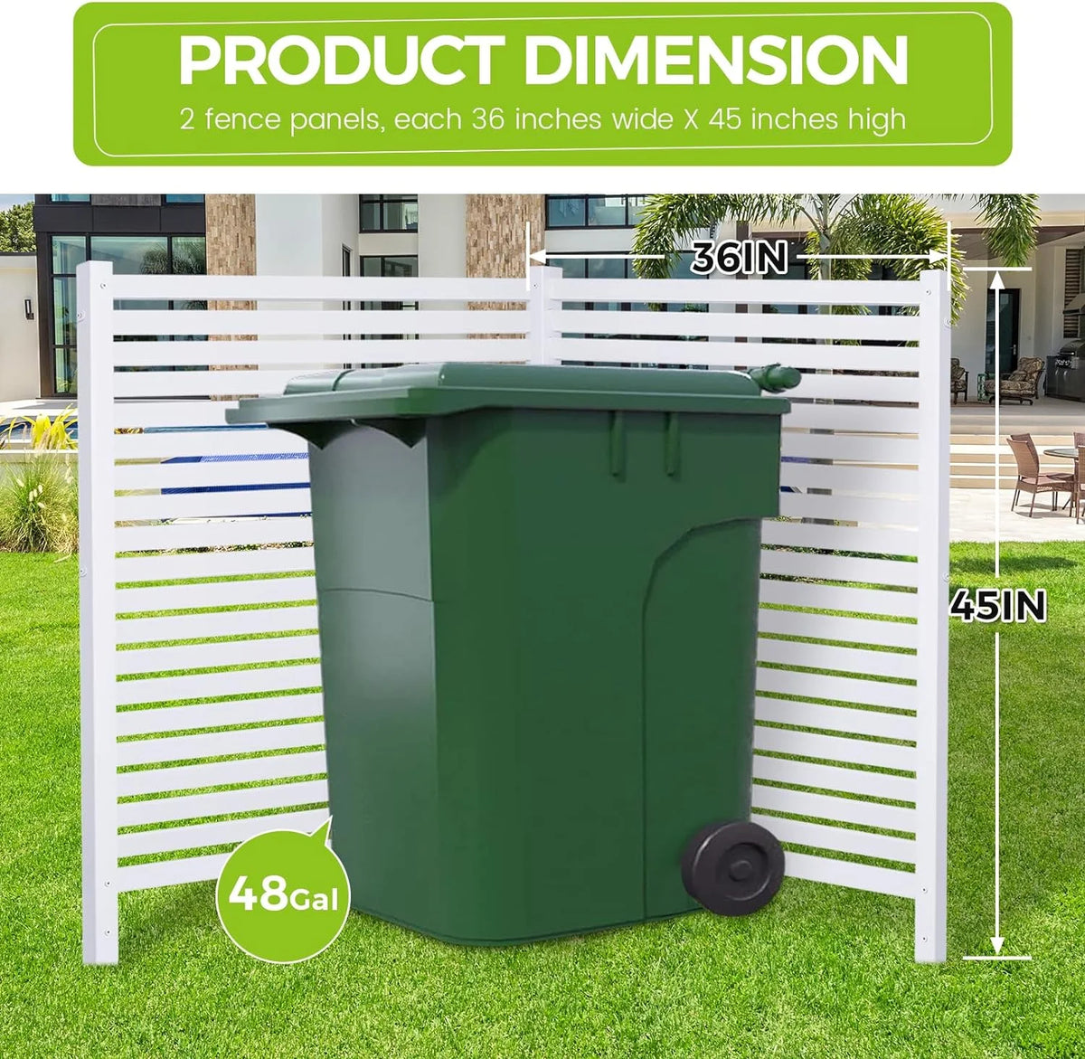 36"W X 45"H Outdoor Privacy Screen, Vinyl Air Conditioner Fence with Metal Stake, No Dig Trash Can Enclosure for Outside- 2 PVC Panels, White, Vertical