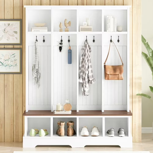 Farmhouse Hall Tree with Bench, 59" Wide Entryway Organizer with 8 Hooks & Storage Compartments, Modern Coat Rack & Shoe Bench for Mudroom,White