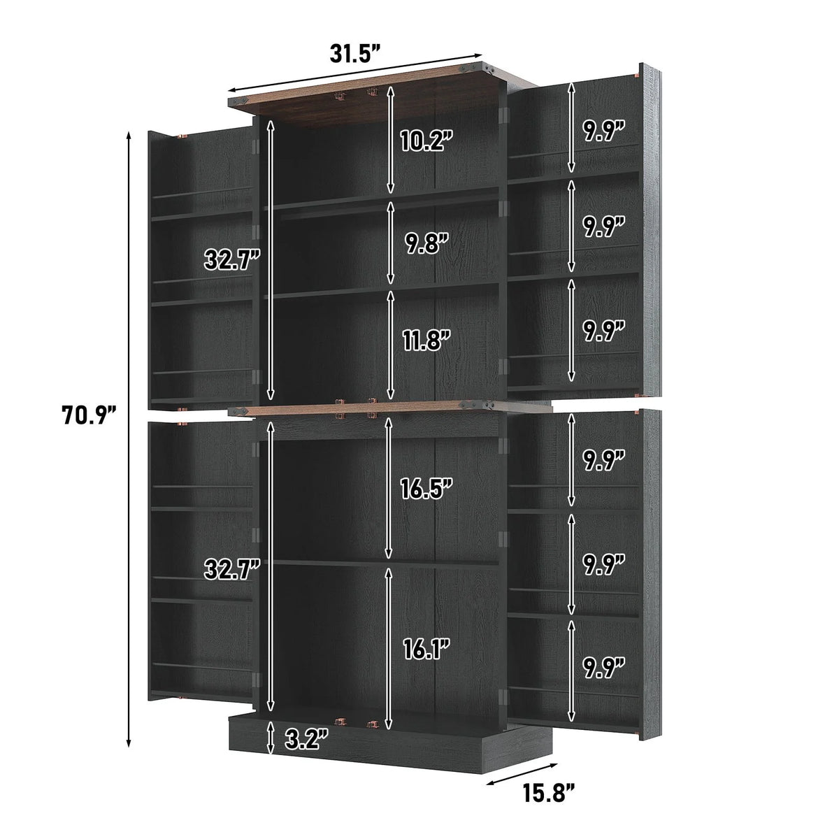 71" Tall Farmhouse Kitchen Pantry with 12 Side Shelves & Adjustable Shelves, 5 Layers Pantry Storage Cabinet w/Load-Bearing Steel Pipe & 4 Barn Doors for Kitchen, Dining Room, Living Room, Brown