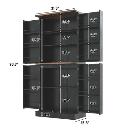 71" Tall Farmhouse Kitchen Pantry with 12 Side Shelves & Adjustable Shelves, 5 Layers Pantry Storage Cabinet w/Load-Bearing Steel Pipe & 4 Barn Doors for Kitchen, Dining Room, Living Room, Brown