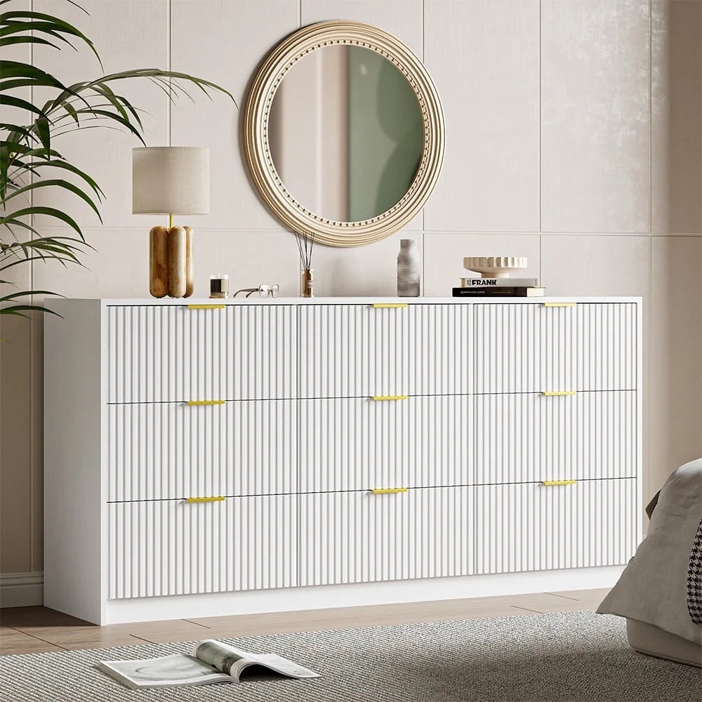 Furniway Fluted Large 9-Drawer Black Dresser