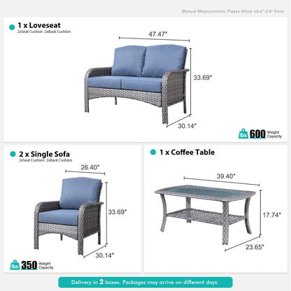 Vcatnet 4 Pieces Outdoor Patio Furniture All-weather Wicker Conversation Set with Coffee Table for Garden,Poolside,Gray