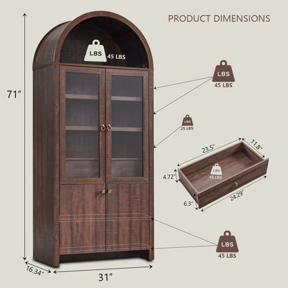 SinCiDo Arched Kitchen Pantry Storage Cabinet, 71-Inch Tall Wood Adjustable Shelves, 2 Doors, 2 Drawers