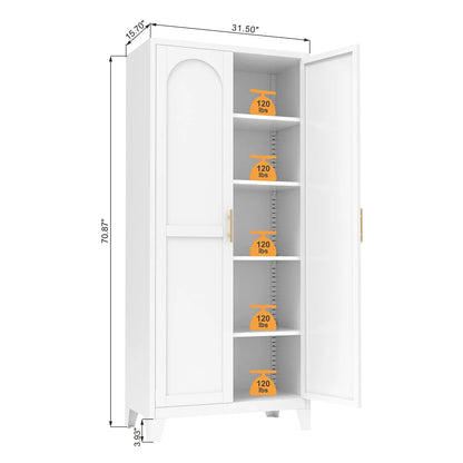 Homy Casa 70.8" White Tall Storage Cabinet with 4 Adjustable Shelves for Kitchen, Pantry Cupboard