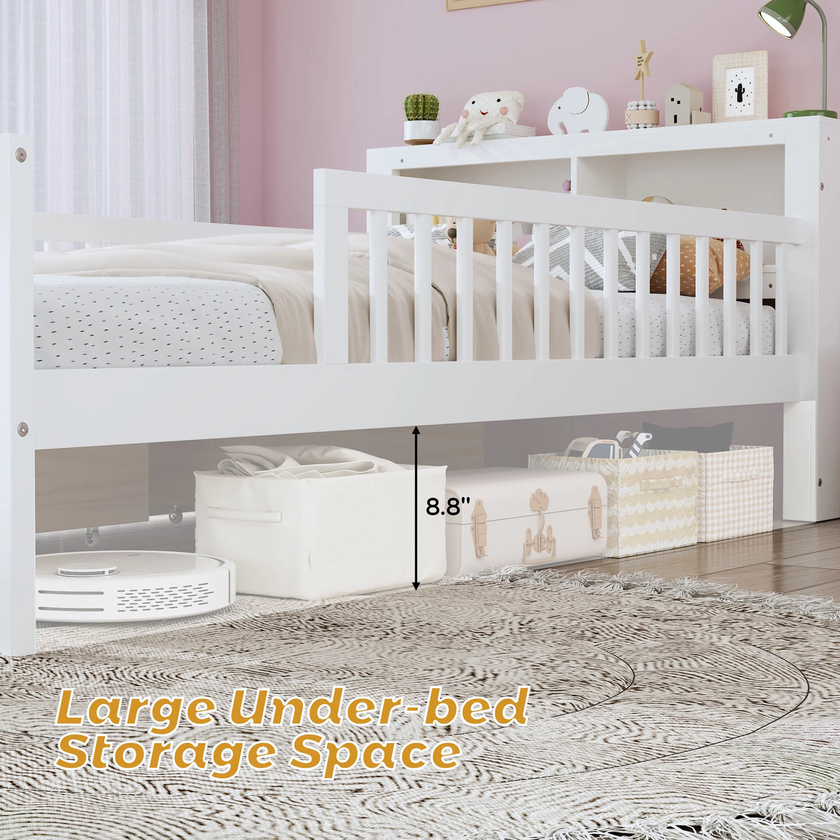Euroco Wood Twin Size Platform Bed with Storage Headboard and Drawers, Low Profile Bed with Guardrails for Kids and Toddlers, White