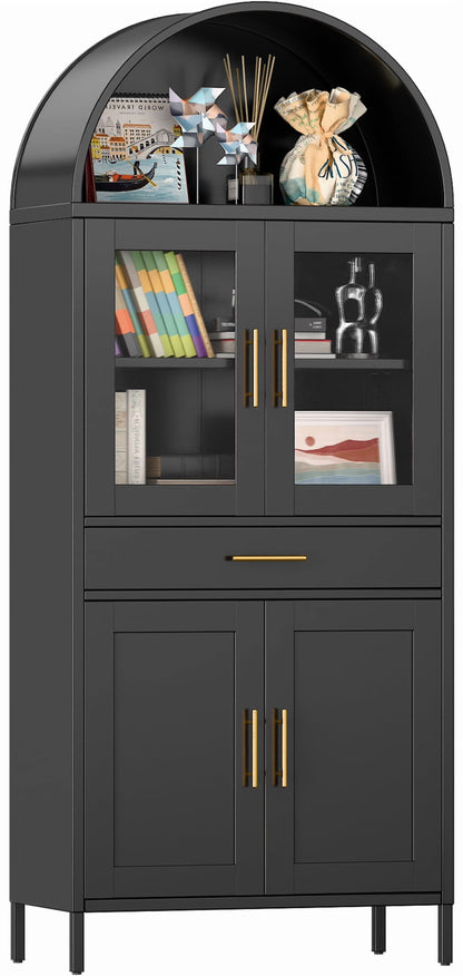 SUPEER Metal Arched Storage Display Cabinet with Glass Doors and Adjustable Shelves, Lockable Cabinet, Assembly Required, Black