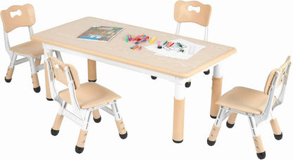 LAZY BUDDY Kids Table and 4 Chairs Set, Height Adjustable Toddler Desk with Graffiti Desktop, Kids Activity Table Set for Daycare, Home