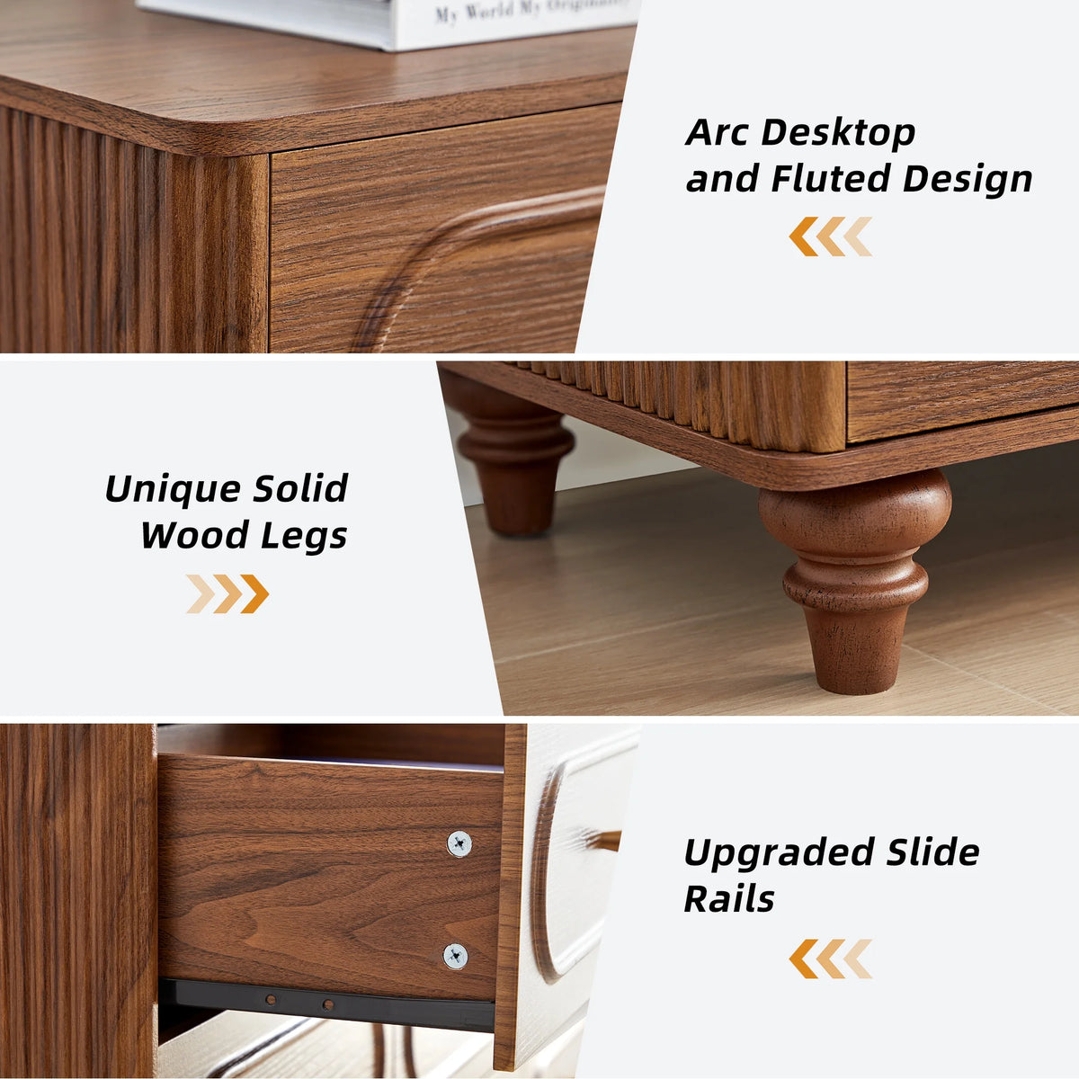 YOCWO 3 Drawer Nightstand, Classic Chest of Drawers with Arc Edge, Walnut