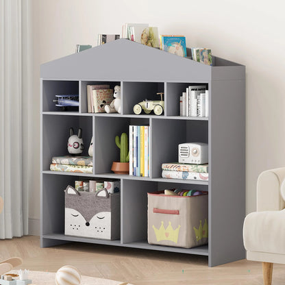 DSstyles Kids Bookshelf 9-Cubby Toy Storage Organizer White Bookcase Toddlers Playhouse Cabinet Shelf for Boys Girls Wooden Storage Toy Shelf for Playroom, Nursery, Kids Room