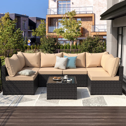 Phonjoroo Patio Furniture Set 7 Pieces Outdoor Patio Furniture Wicker Sectional Furniture Sofa Conversation Sets with Cushions All Weather Outside Patio Seating (Khaki)
