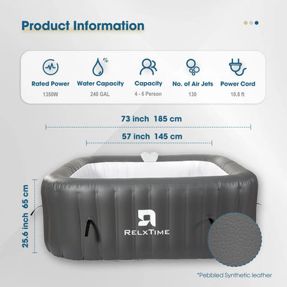 RELXTIME 73*73 inch Portable Square Inflatable Massage Pool for 4-6 People Outdoor Spa with 130 Bubbling Massage Jets, Built-in Heating Pump with Two Cartridges, Gray