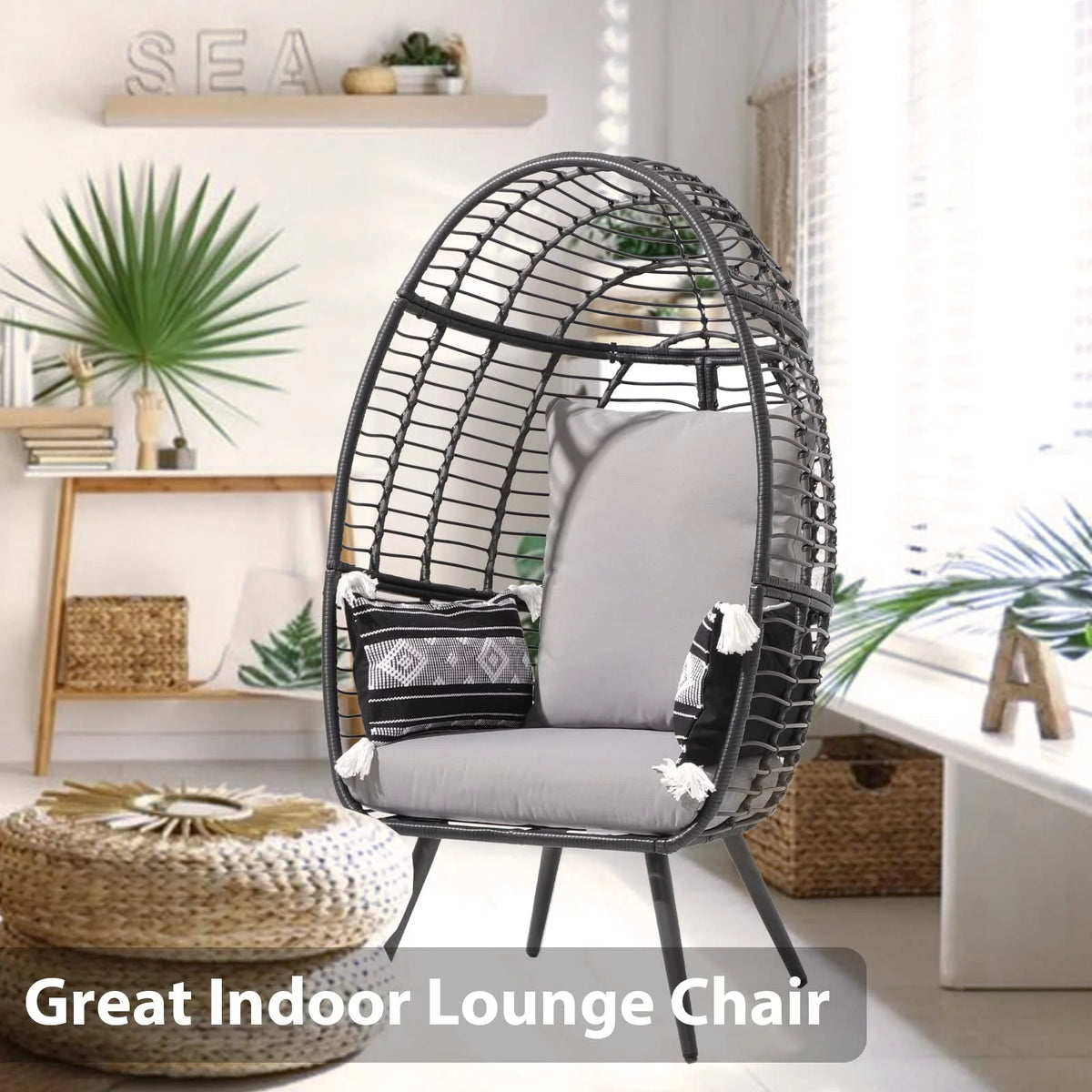 Indoor Outdoor Swing Egg Chair with Stand, Patio Foldable Grey Wicker Rattan Hanging Chair with Cushion, Light Gray