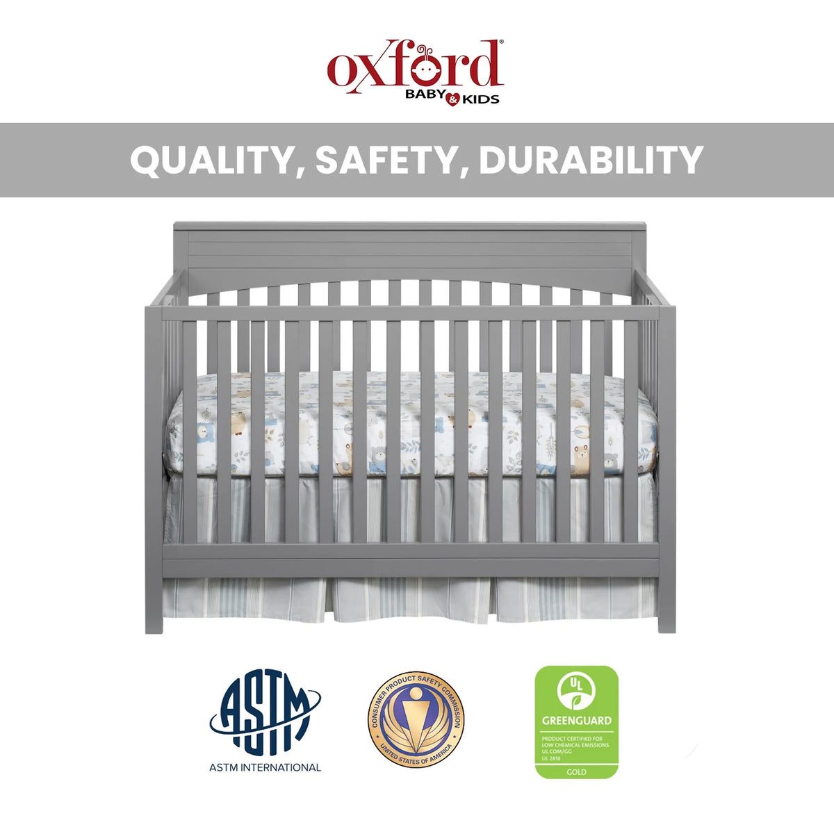 Oxford Baby Harper 4-in-1 Convertible Crib, Dove Gray, GREENGUARD Gold Certified, Wooden Crib