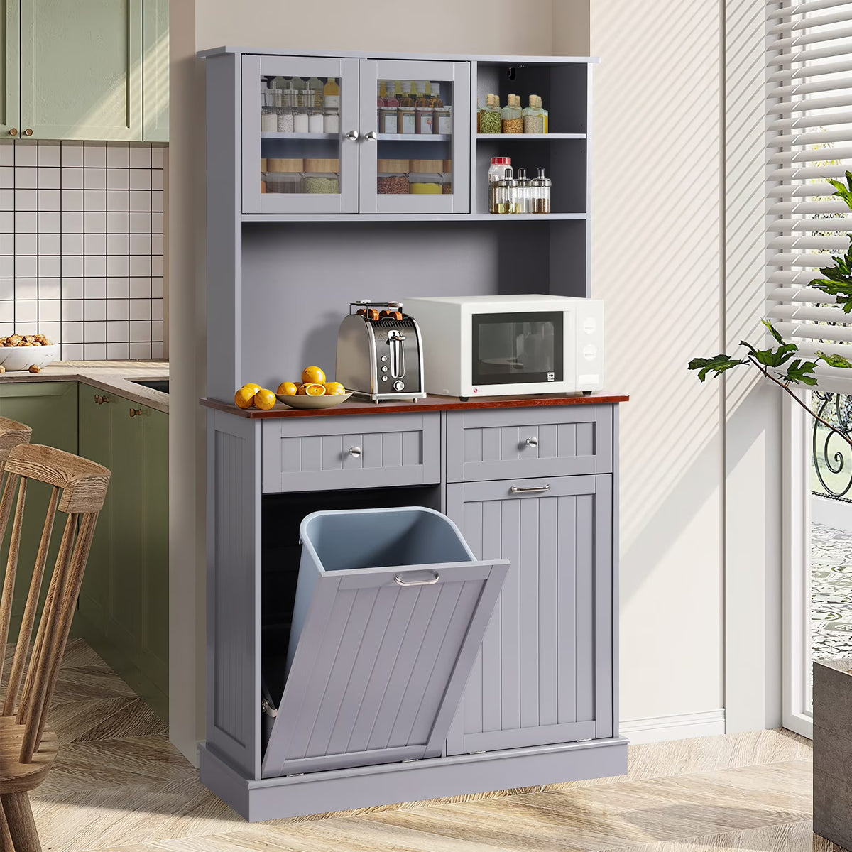 KIGOTY Dual Kitchen Trash Cabinet, Double Tilt Out Trash Can Cabinet with Countertop and Drawer, Free-Standing Pet Proof Recycling Cabinet Garbage Can Holder, Wood (White)