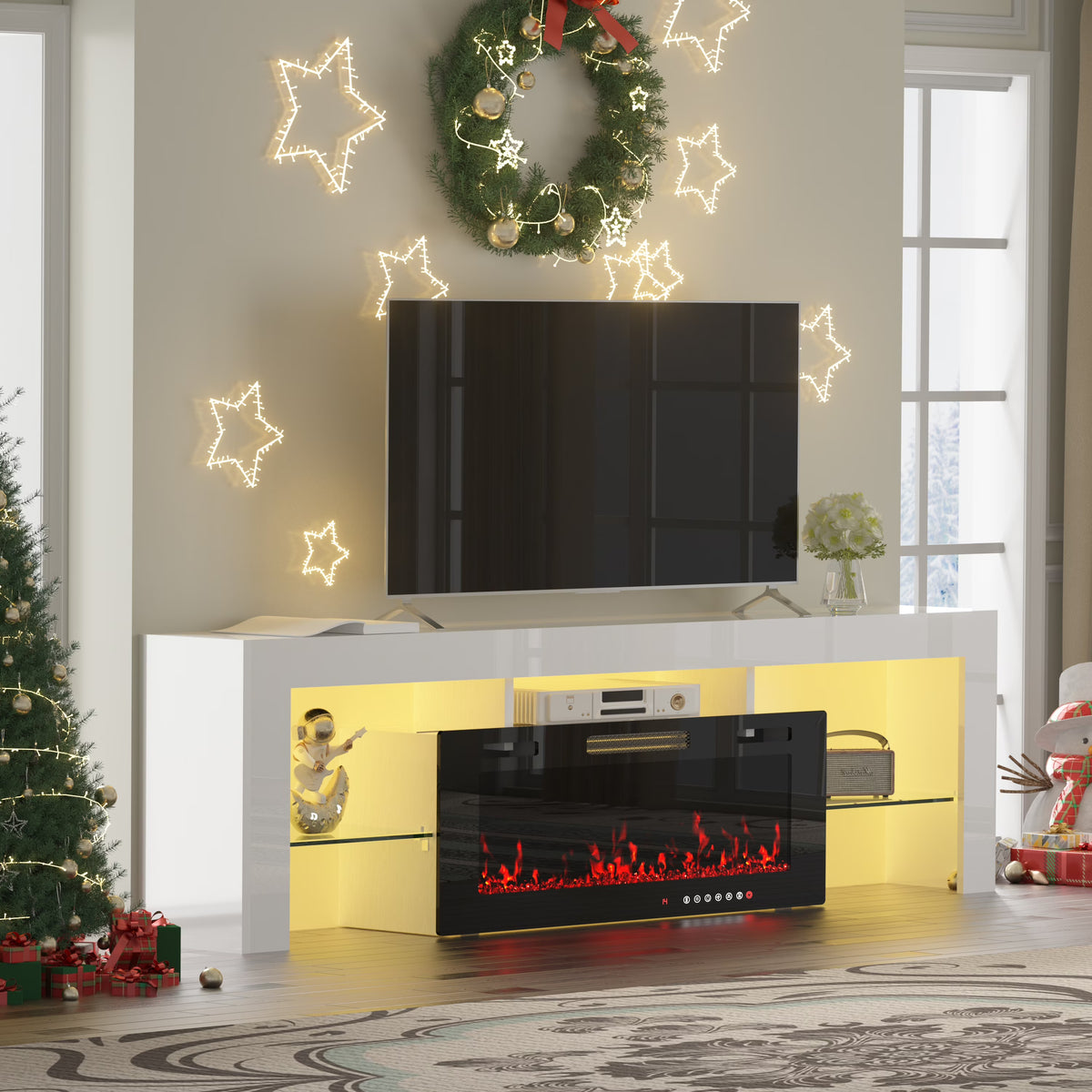 70" Electric Fireplace TV Stand by GetYes - Sleek White Design with Adjustable Flame & Remote Control, Perfect for Living Room