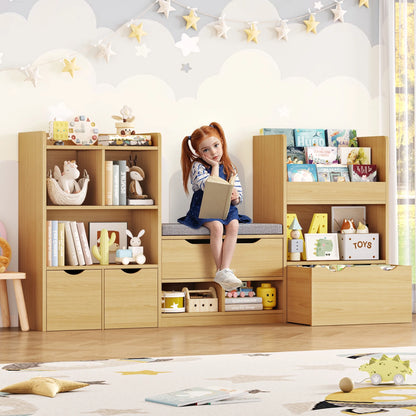 Hiphuta 72"Wide Kids Bookcase with Reading Nook and Under Bench Storage, Wooden Toy Storage Organizer & Book Rack for Kids Room, White