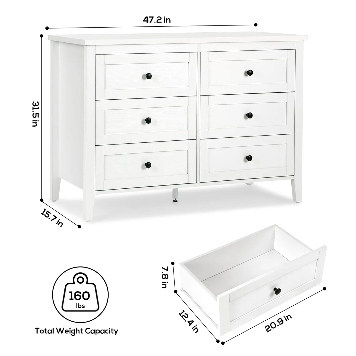 RichYa 6 Drawer Dresser for Bedroom,Chest of Drawers with Metal Knobs,Dresser for Closet,White