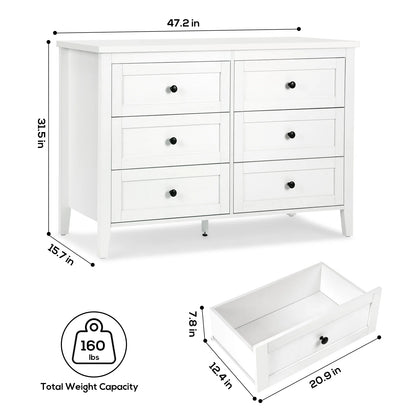 RichYa 6 Drawer Dresser for Bedroom,Chest of Drawers with Metal Knobs,Dresser for Closet,White